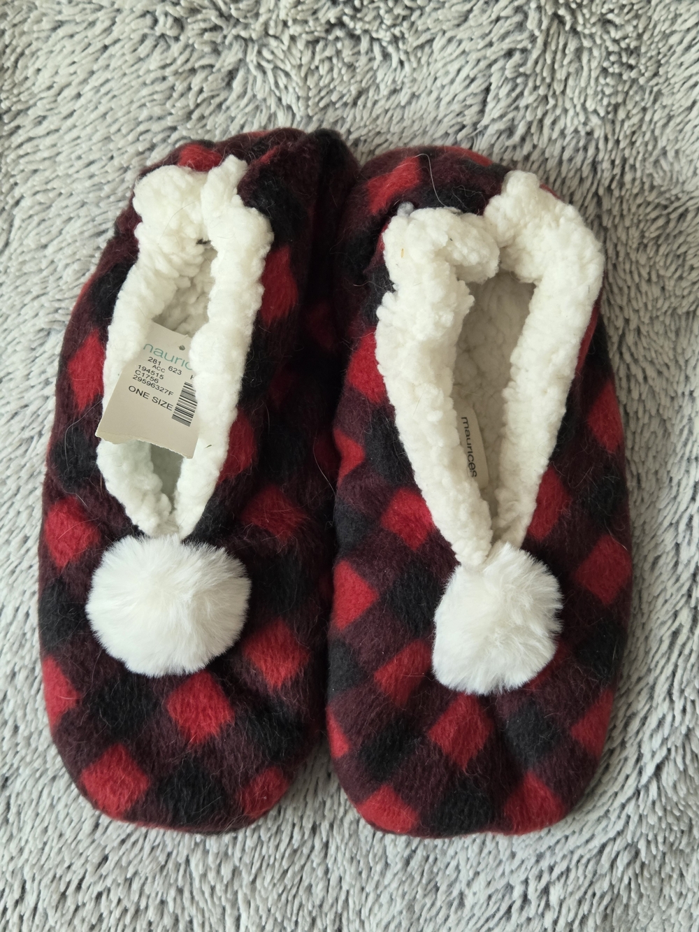 Maurices Red and Black Plaid Sherpa Slip-On Slippers with White Pom